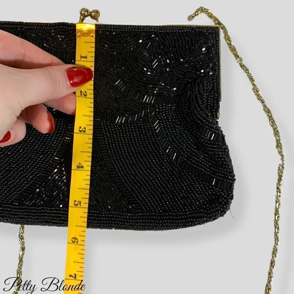 Elegant Black Beaded Clutch: Stunning Beadwork,‎ Dainty Strap, & Bronze Hardware
